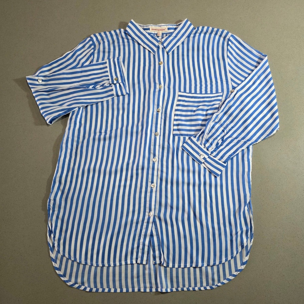 Grand & Greene Blue White Striped Button Down Shirt Large Roll Tab Sleeve L
